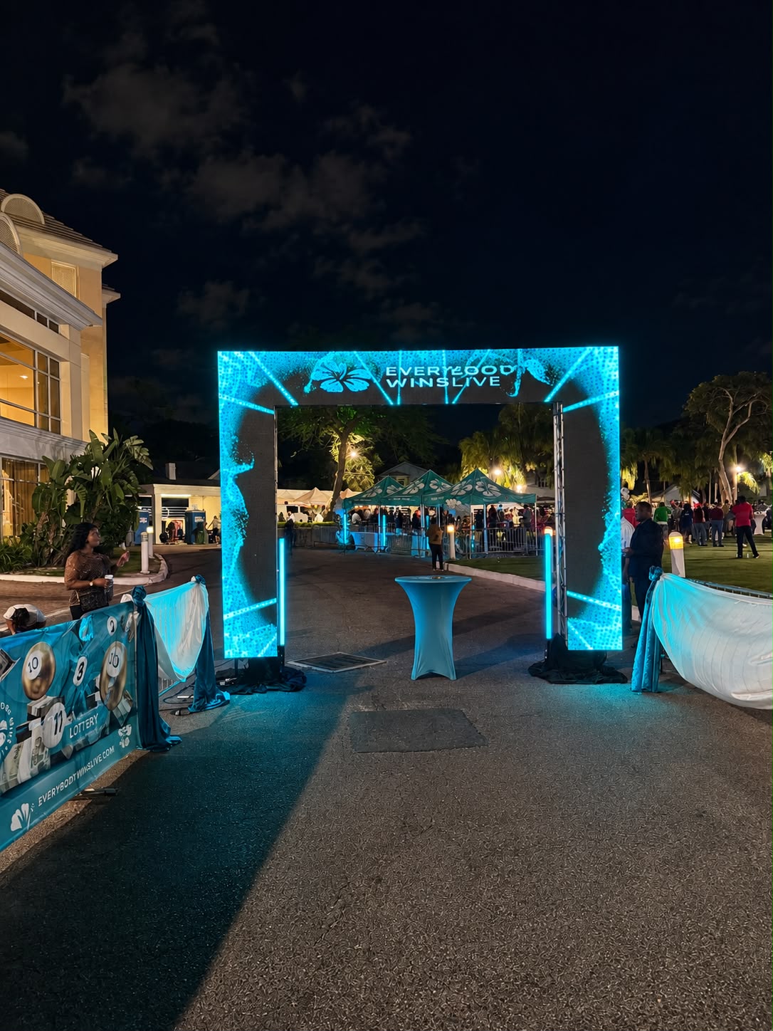 Illuminated event entrance with a large LED arch